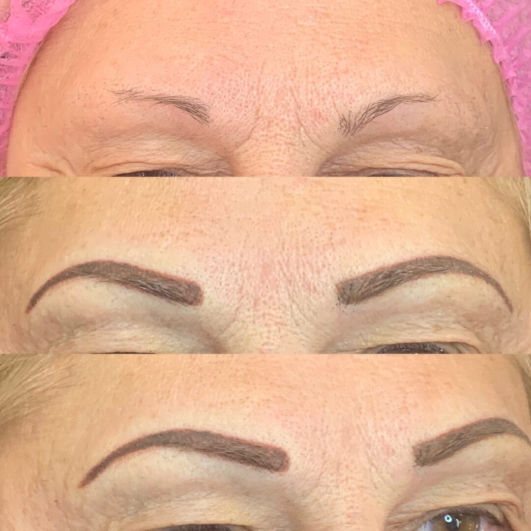 A woman with different stages of her brows being tattooed.